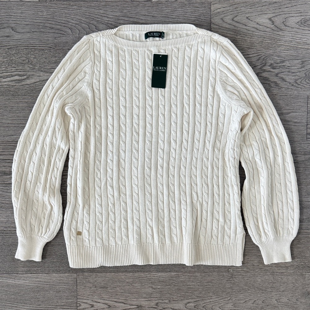 🌼RALPH LAUREN🌼 NWT Cream Cable Knit Boatneck Sweater, Size XL